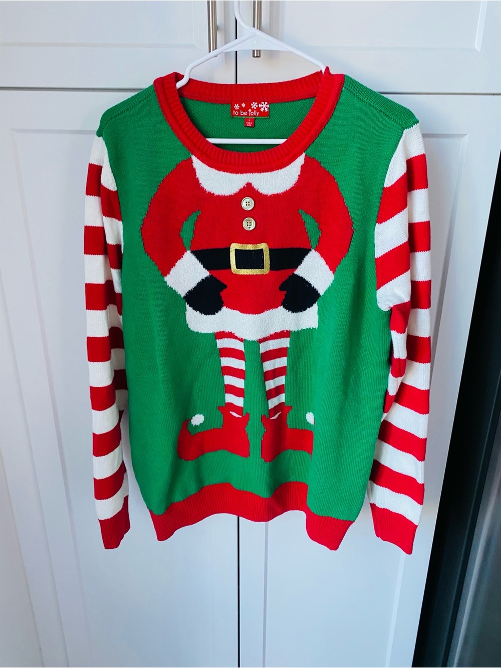 Christmas jolly ugly sweater large women’s elf striped candy cane
